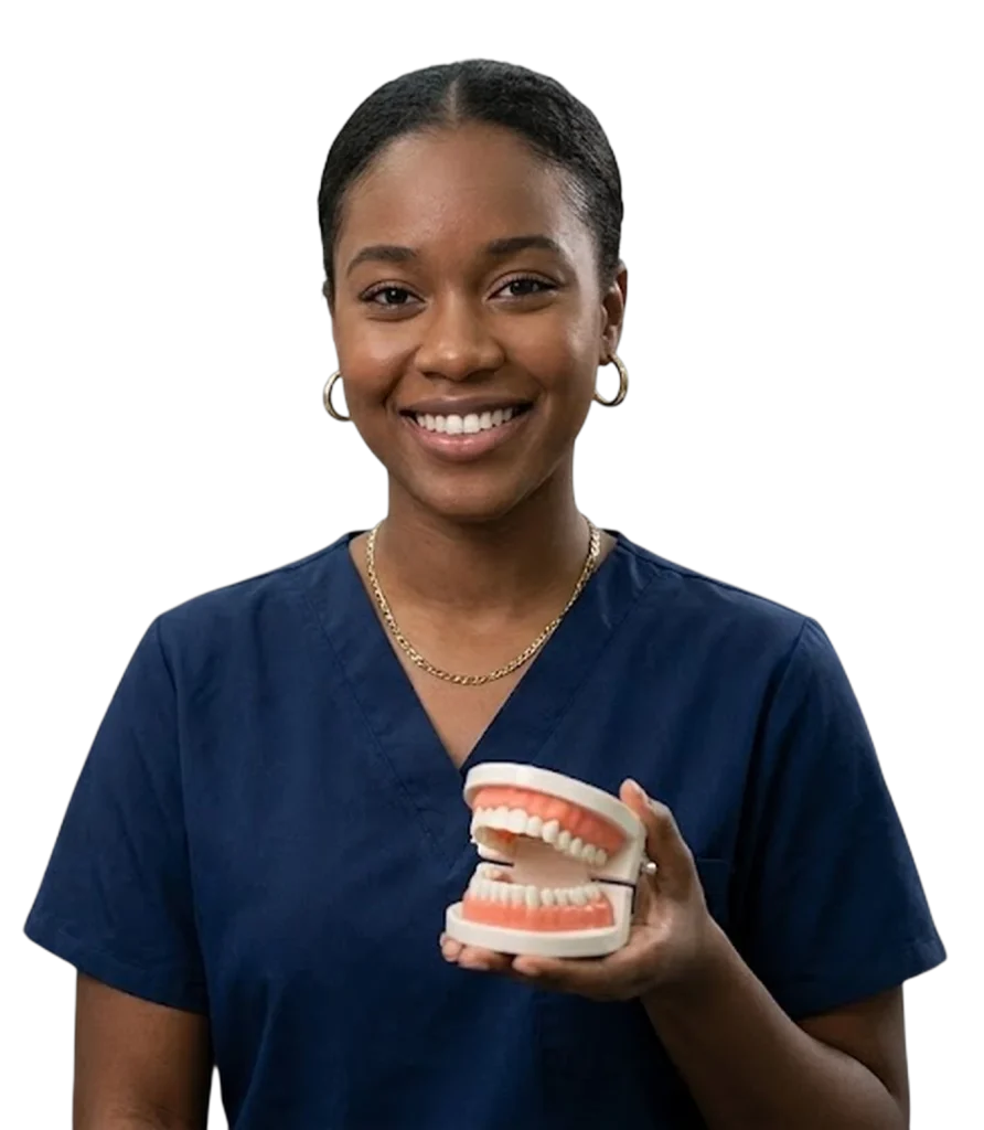 Estudiante de Laboratorio Dental sosteniendo un modelo de dentadura